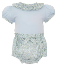 Load image into Gallery viewer, Light Blue Floral Smocked Collar Bloomer Set by Petit Bebe
